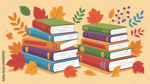 Two stacks of colorful books surrounded by autumn leaves on a beige background symbolizing education and seasonal change with vibrant foliage