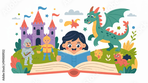 Little girl reading fantasy book with dragon castle and knight in a magical garden scene