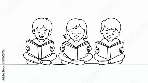Three happy children reading books together sitting on floor in line