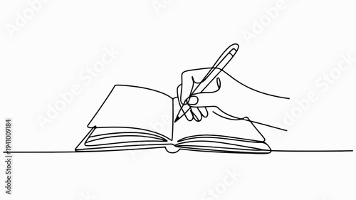 Hand writing in open book with pen on table simple line drawing education concept