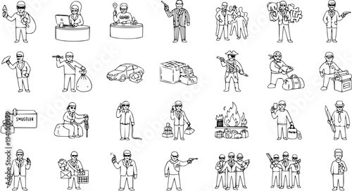 Collection of Hand-Drawn Icons Representing Various Criminal Activities and Characters