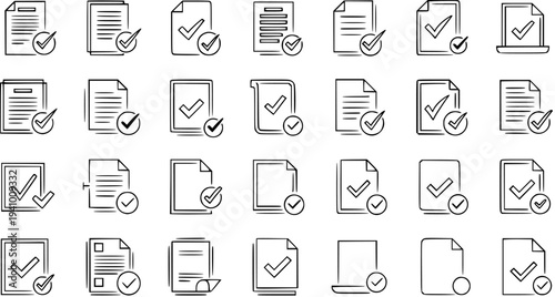 Collection of Hand-Drawn Document Icons with Checkmarks for Approval and Verification