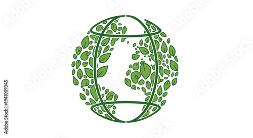 Green Earth Globe with Leaves Illustration.