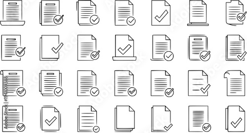 Collection of Document and Checklist Icons with Checkmarks, Approved Paperwork and Tasks icons