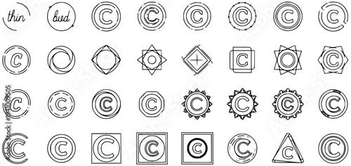 Hand Drawn Sketchy Copyright Symbol Icons Set. Doodle Line Art Collection of 'C' Letter Marks in Various Shapes (Circle, Square, Star, Triangle) for Intellectual Property.