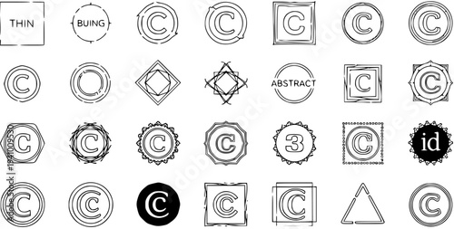 Diverse Collection of Copyright Symbols and Icons, 'C' in Circles, Squares, and Abstract Shapes