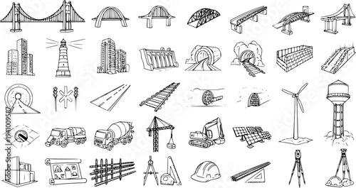Diverse Collection of Civil Engineering and Construction Icons in Sketch Style