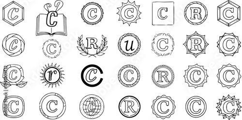 Hand-drawn doodle style collection of copyright, registered, and unregistered trademark symbols, icons, and badges in various decorative shapes and borders.