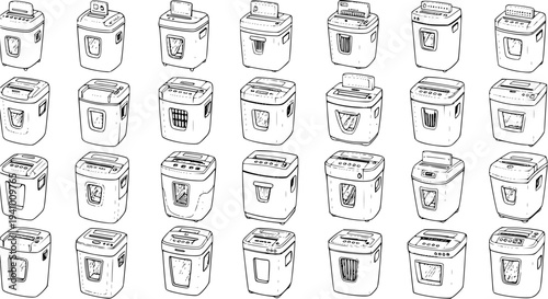 Hand-Drawn Sketch Illustrations of Various Paper Shredders in a Grid Layout