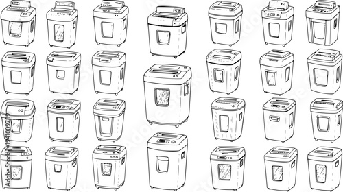 Hand drawn doodle collection of various paper shredder machines and document destroyers in sketch style.