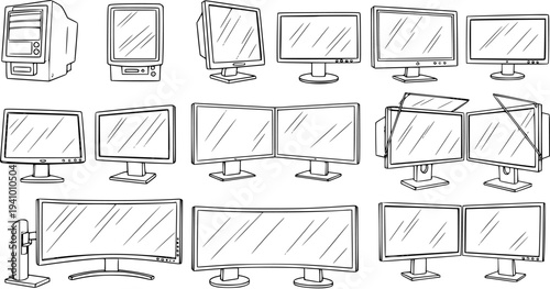 Hand-drawn vector sketch of various computer monitor types, including retro CRT, modern flat-screen, ultrawide curved, single, dual, and triple display setups, in black and white line art.