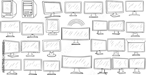 Technology Computers Monitors and Cases Black and White Line Art Vector Illustration