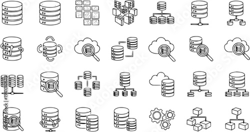 Technology and Information Technology Vector Line Art Icons Set. Collection of Outline Database, Cloud Computing, Data Server, Network, Storage, and Analytics Symbols for Business  IT Concepts.