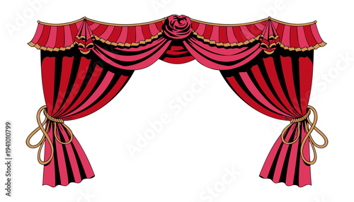 Vector illustration of luxurious red curtains with golden trim and tassels, depicted from a frontal viewpoint in an interior setting.