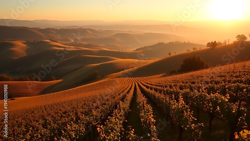 nebbiolo. Rolling hills of Piedmont with rows of grapevines in autumn. representing seasonal cycles and harvest abundance, travel magazines, designed for travel destination branding.