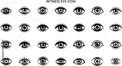 Black and White Stylized Eye Glyph Icon Collection. Vector Set of Witness Eye Symbols with Grunge Texture for Vision, Observation, Surveillance, and Security Concepts.