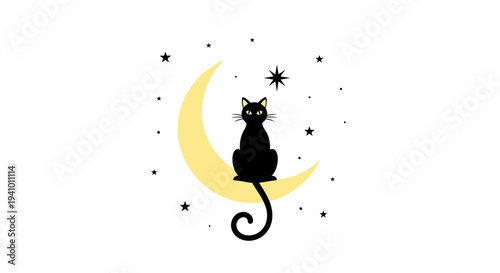 Vector black cat sitting on yellow crescent moon with stars