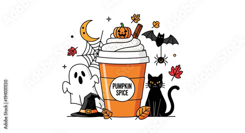 Halloween icons set with pumpkin spice latte