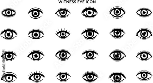 Witness Eye Icon Set - Black and White Glyph and Line Art Vector Designs of Human Eyes for Security, Surveillance, Vision, and Observation Concepts