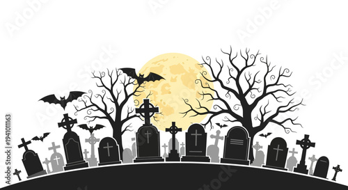 Halloween graveyard scene vector with bats and moon
