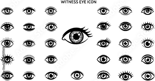 Black and White Line Art Witness Eye Icon Set. Diverse Vector Glyphs for Vision, Security, Observation, Surveillance, and Human Sight Concepts.