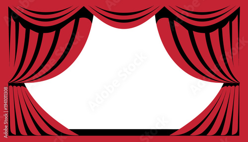 Vector illustration of curtains opening to reveal a stage, theater setting, performance, event, and drama
