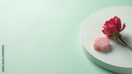 Serene Minimalist Composition Pink Rose and Hexagonal Soap on Pale Green Background