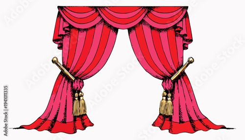 Vector illustration of red curtains with tassels and ropes, theater stage, interior view