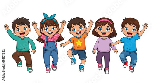 A cheerful group of five cartoon children jumping and waving their hands happily together