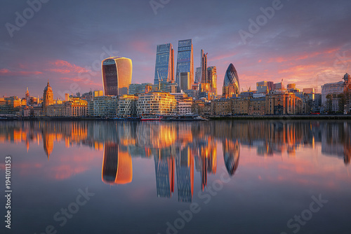 London skyline sunset panorama with river reflections showing modern skyscraper and historic buildings under colorful sky