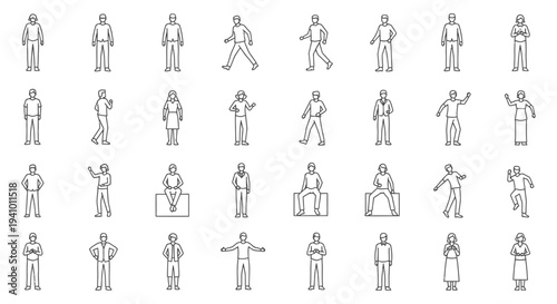 diverse people outline icons representing various everyday poses and actions ideal for ui design and infographic illustrations.