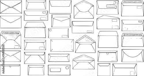 Collection of Hand-Drawn Envelopes: Detailed Vector Line Art Illustration featuring Various Open and Closed Mail Envelopes with Different Flaps and Windows, Stationery Design Elements.