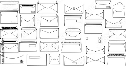 Hand-drawn collection of various envelope designs, outline illustration set showing different shapes, sizes, and flap styles.