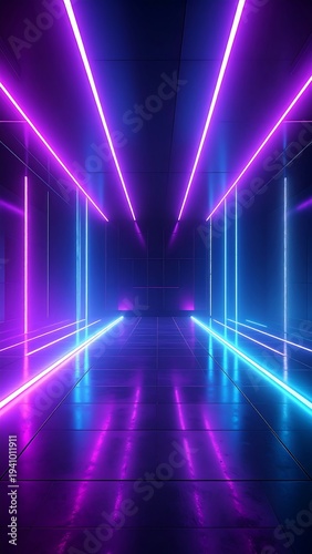 A futuristic corridor with neon lights