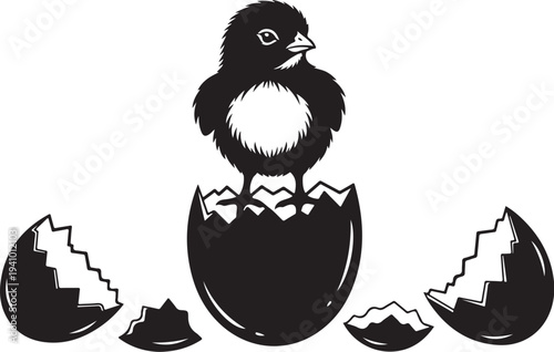 Cute little chick hatching from broken eggshell illustration