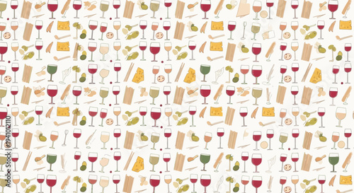 hand-drawn italian food and wine seamless pattern perfect for culinary backgrounds featuring pasta cheese and olives.