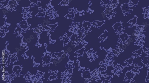 Charming seamless pattern of cute cartoon animal outlines, including ducks and chickens, in a playful light blue on a dark indigo background, great for kids designs.