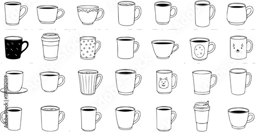 Detailed collection of 28 hand-drawn doodle style outline coffee mugs and tea cups with various designs, isolated on white background, vector illustration.