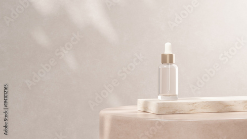 3D render studio setup showing a glass serum bottle placed on a marble podium platform. Minimal cosmetic product mockup scene with soft lighting and copy space designed for skincare branding