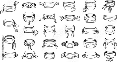 Set of Various Bandana and Headscarf Tying Styles, Hand-Drawn Vector Illustrations of Fashionable Fabric Wraps for Headwear and Neck Gaiters