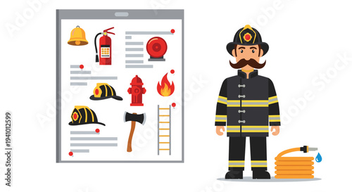 A firefighter in a dark uniform stands next to a fire safety equipment poster and a coiled hose on a white background.