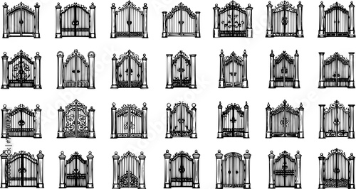 Elegant Luxury Gates Vector Sketch Collection. Detailed hand-drawn black and white illustrations of ornate house and mansion entrances, fences, and decorative metalwork designs.