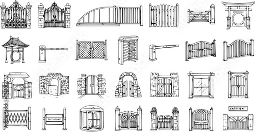 Hand-drawn vector set of various gates and barriers for entrance and security, featuring diverse styles from classic ornate and wooden to modern turnstiles and boom gates.