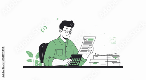 Accountant calculating taxes with calculator and documents, financial planning, business concept