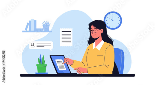 Focused woman working on laptop at desk, time management, remote work, modern office illustration