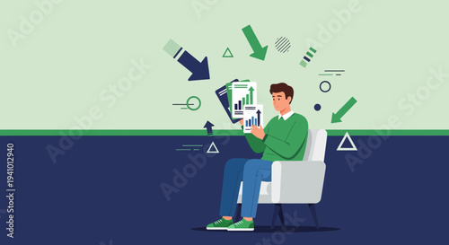 Man analyzing financial charts and graphs with upward and downward arrows