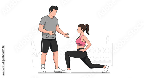 A male fitness trainer instructs a woman performing a lunge exercise in a minimalist line art gym setting.