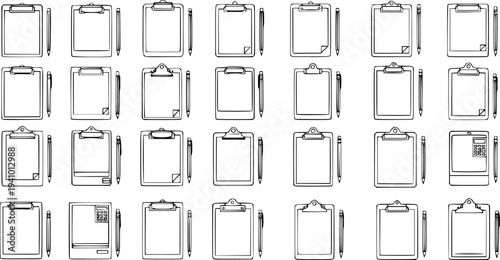 Hand-drawn Sketch Collection of Clipboards with Pens and Blank Paper, Doodle Style Grid Background for Notes, Tasks, and Office Work