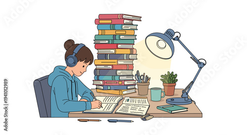 A girl wearing headphones sits at a desk writing in a notebook next to a very tall stack of books and a lamp.
