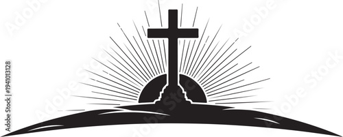 Christian cross on hill with sun rays shining brightly